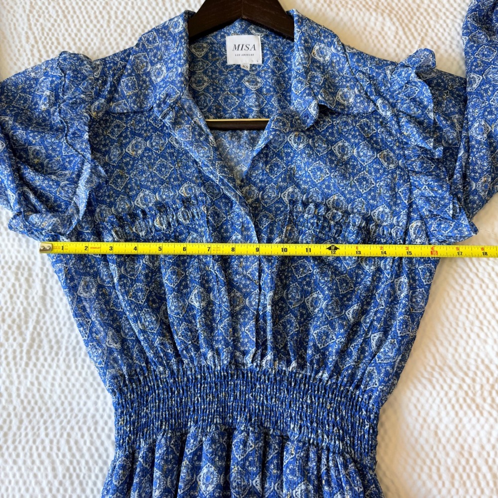 MISA Los Angeles Womens XS Marjan Dress Blue Astra Smocked Tiered Midi Lurex - Picture 5 of 6